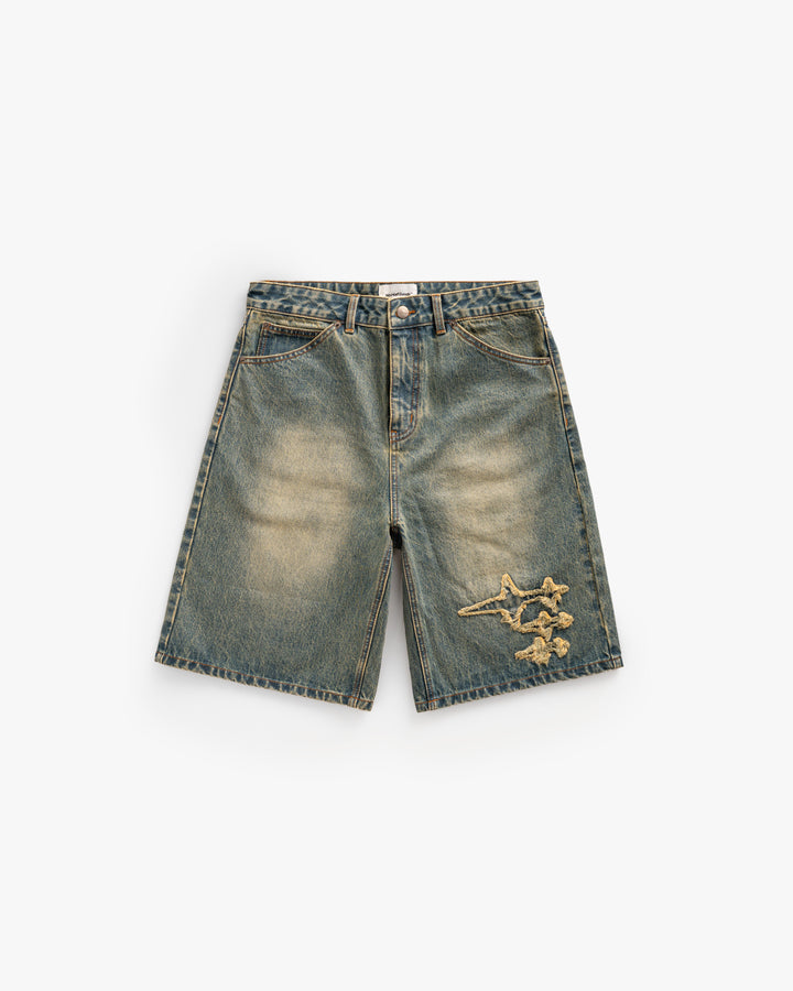 NHS STARS DENIM SHORTS WASHED GREEN