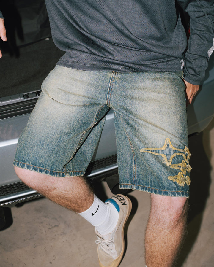 NHS STARS DENIM SHORTS WASHED GREEN