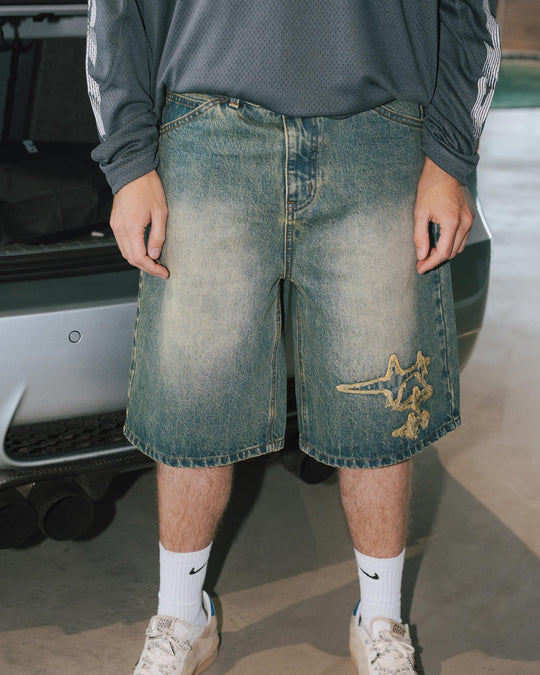 NHS STARS DENIM SHORTS WASHED GREEN