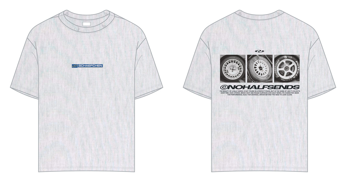 NHS Rally Wheels Tee, front and back (technical drawing)
