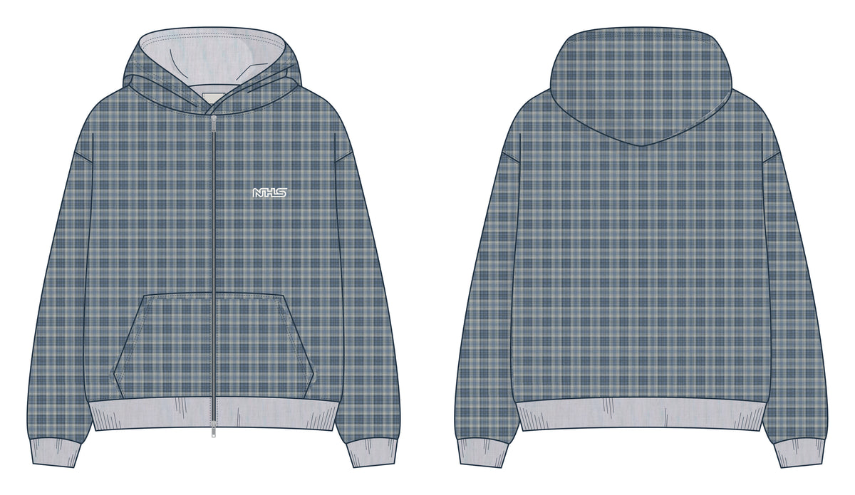 NHS Reversible Rally Zip Hoodie, inside: blue plaid flannel, front and back (technical drawing)