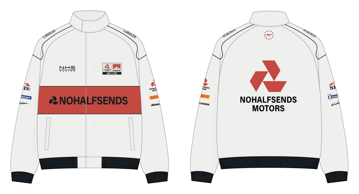 NHS Evolution Racing Jacket, front and back (technical drawing)