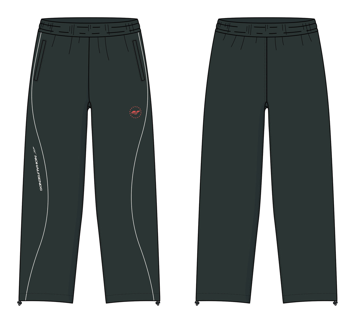 NHS Rally Track Pants, front and back (technical drawing)